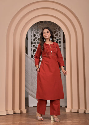 Red Cotton Straight Kurta Set with Geometric Printed Dupatta
