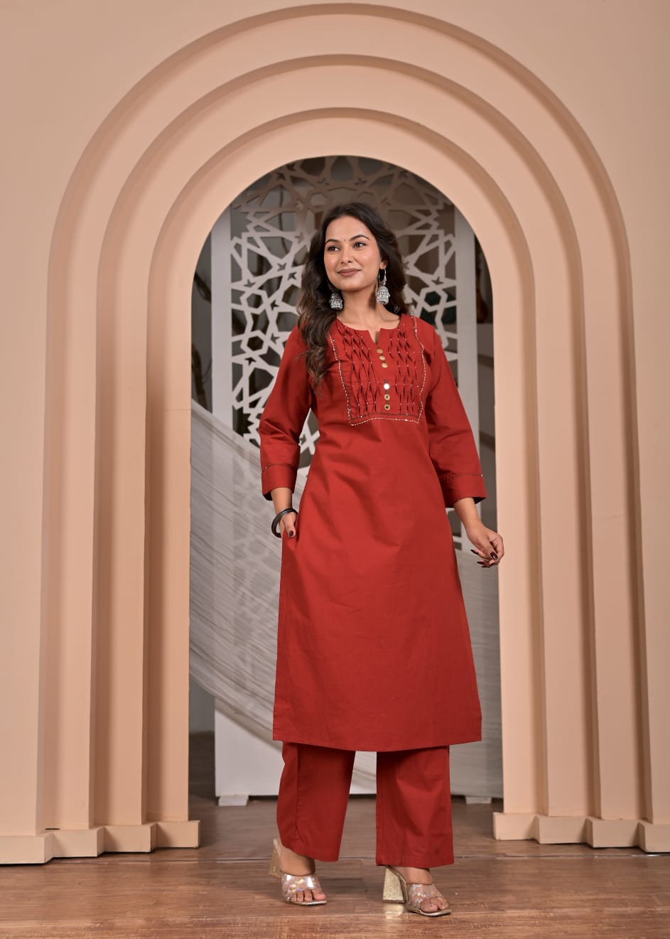 Red Cotton Straight Kurta Set with Geometric Printed Dupatta