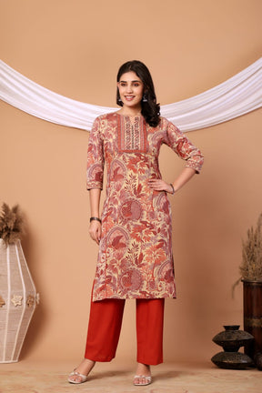 Rust Floral Printed Cotton Kurta Set with Printed Dupatta