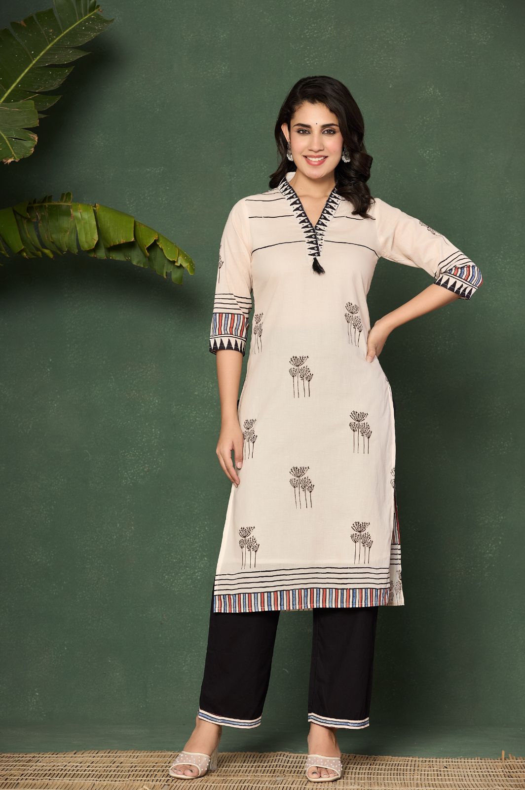 White cotton kurta set with blue stripe design