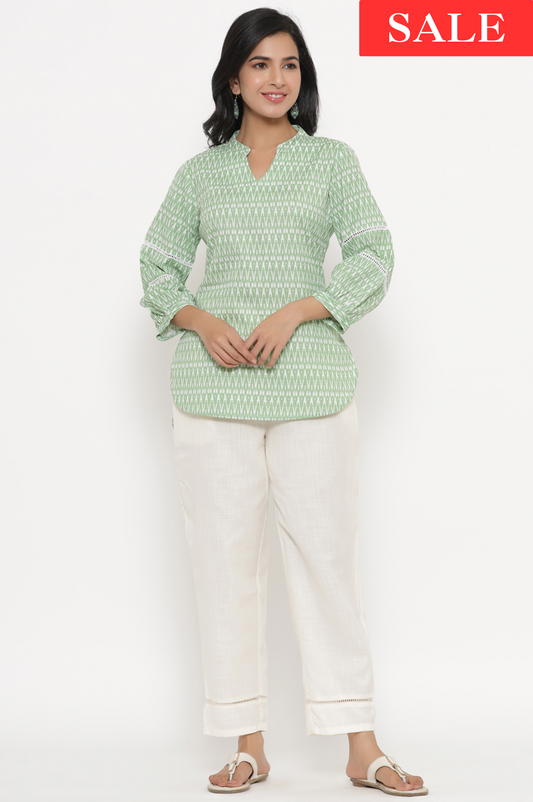 Green Ikkat V-Neck Top