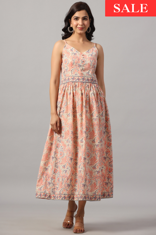 Pink Cotton V-Neck Floral Dress