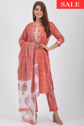 Orange Floral Printed Cotton Kurta Set