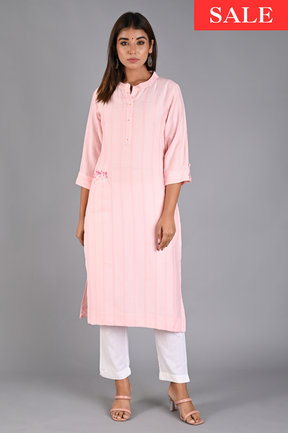 Pink Straight Kurta with Embroidered Pocket