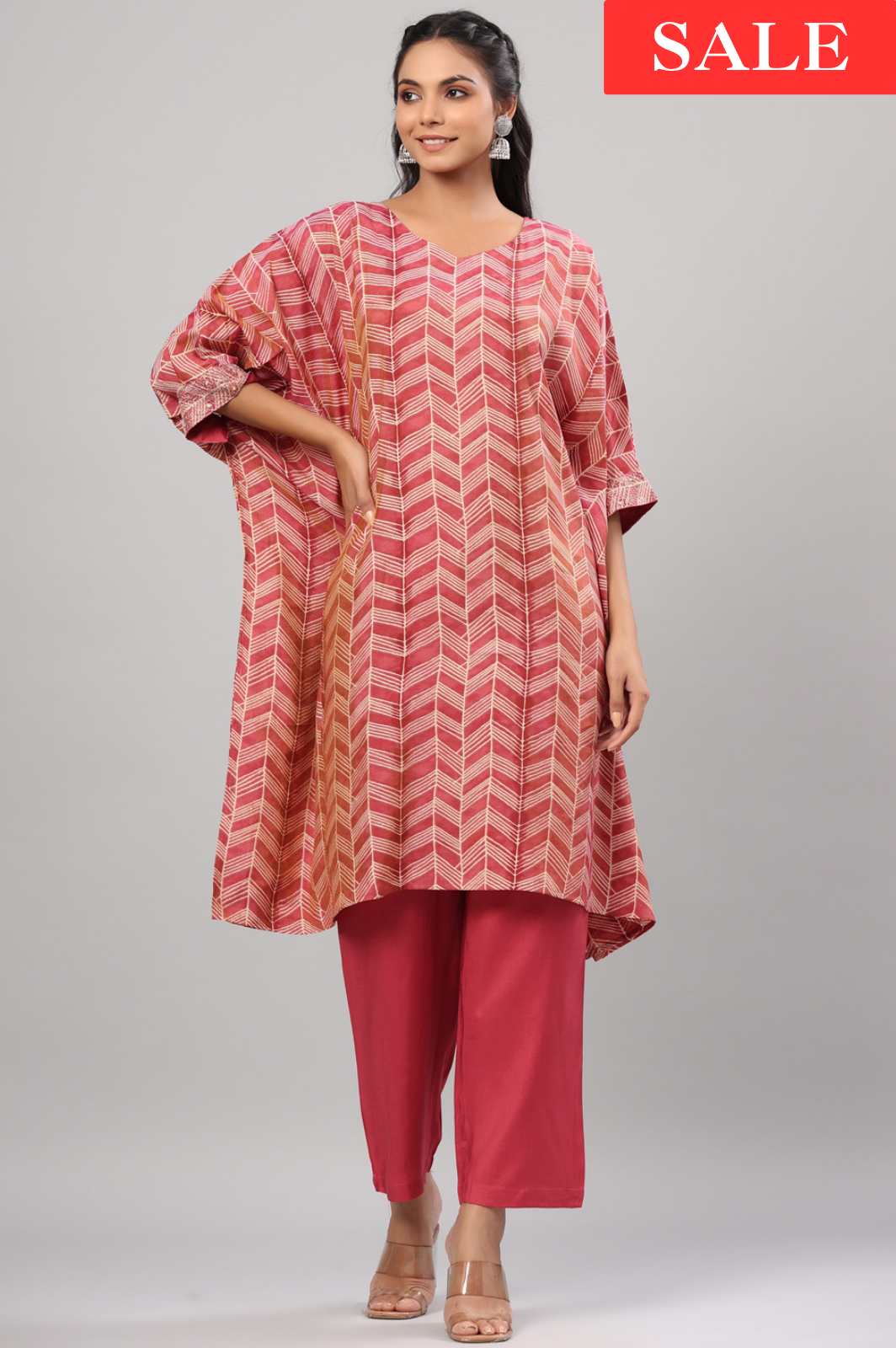 Pink Silk Blend Printed Kaftaan Kurta Set