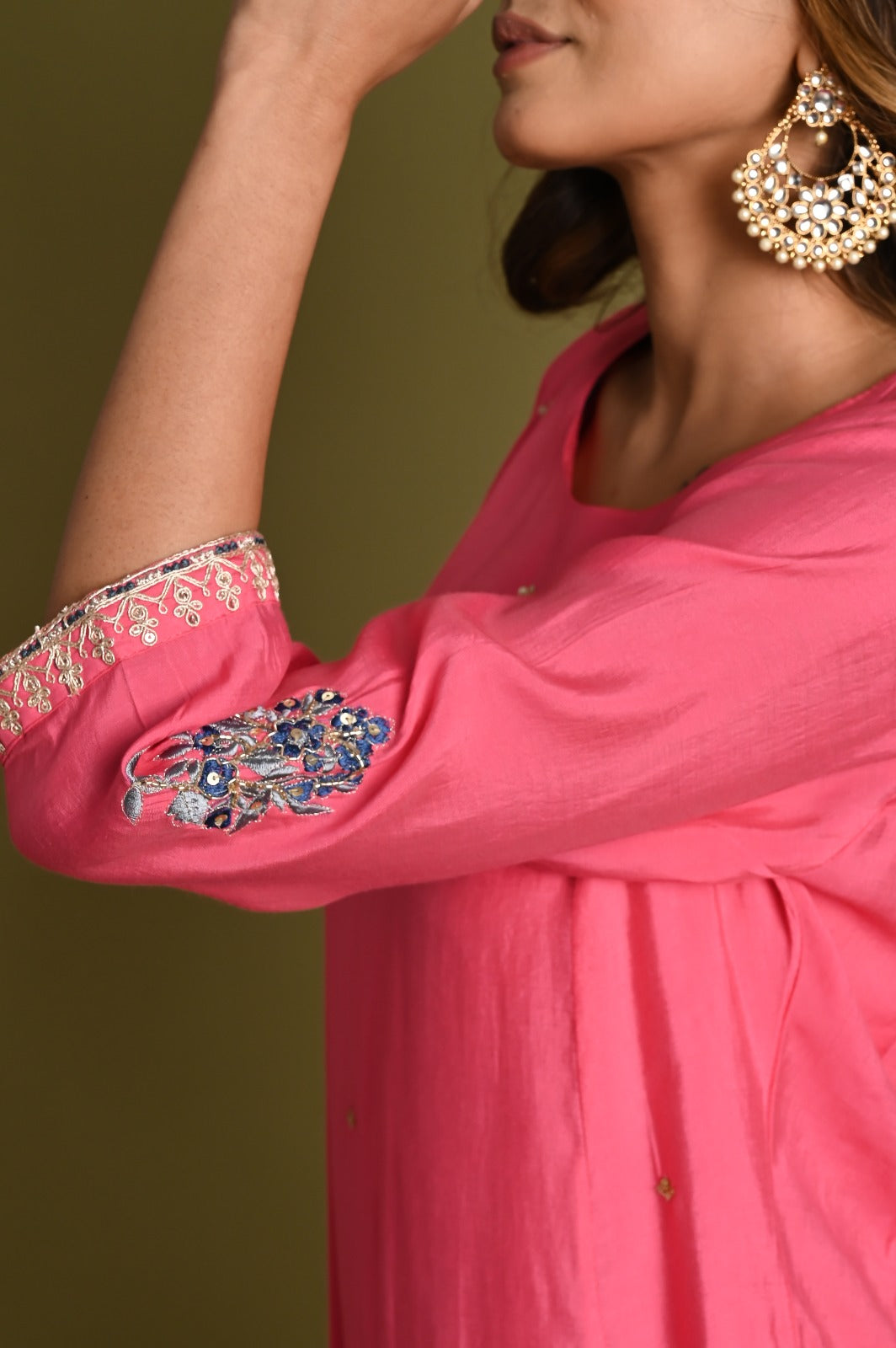 Pink A-Line Hand Embroidered Kurta Sets