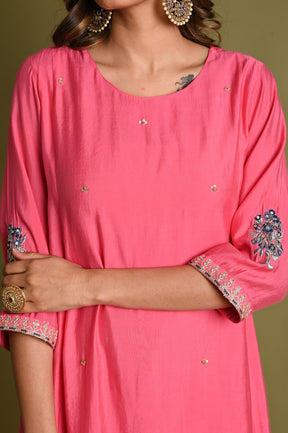 Pink A-Line Hand Embroidered Kurta Sets