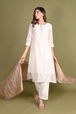 Hand Embroidered White Chanderi Kurta Set