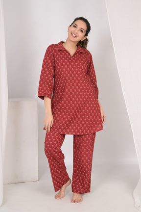 Red Printed Cotton Night Suit