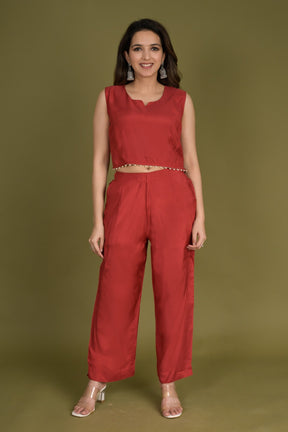 Red Crop Top with Pants and Floral Printed Chinon Shrug