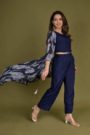 Blue Crop Top with Pants and Floral Printed Chinon Shrug