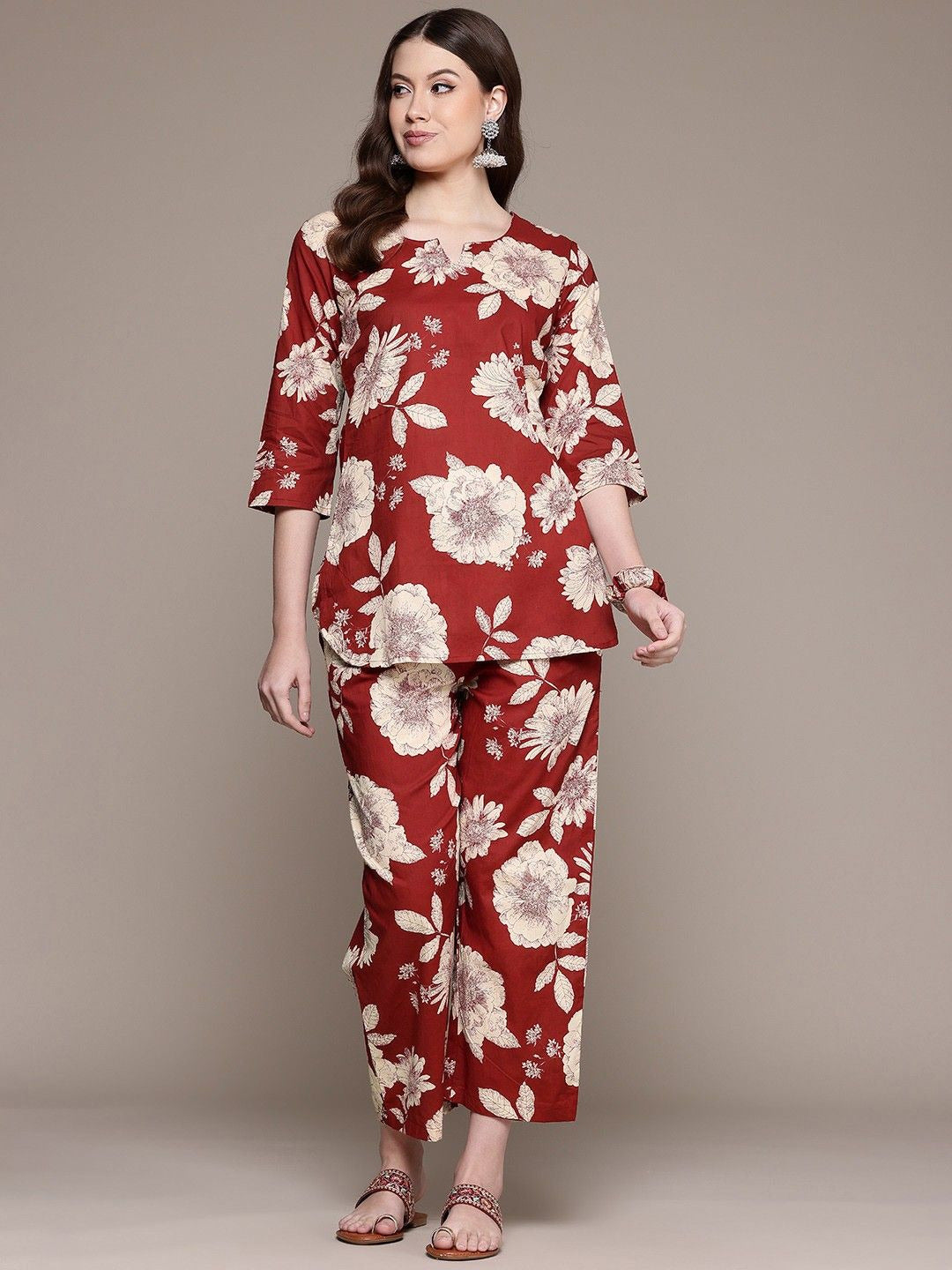 Red cotton co-ord set with off white floral print