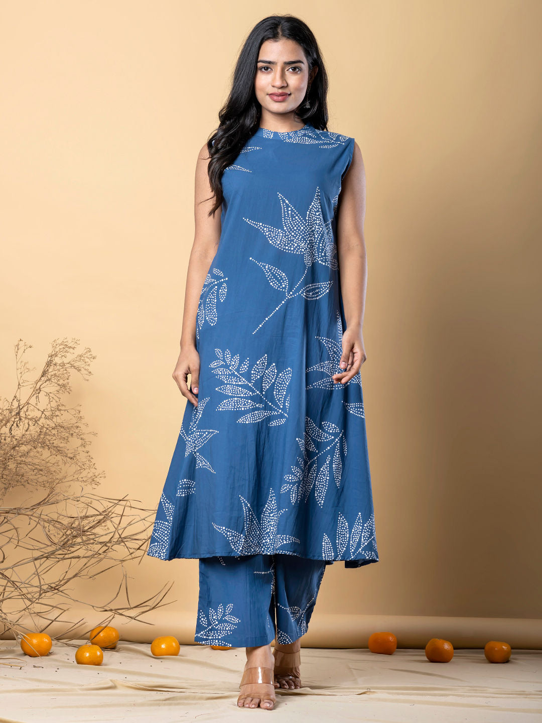 A line blue cotton co-ord set with leaf motifs