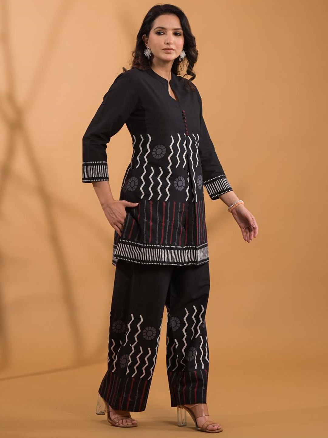 Black cotton block printed kurta with palazzo