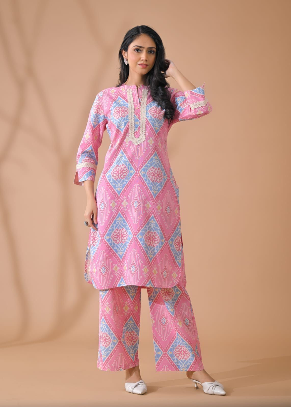 Pink cotton ikkat printed co-ord set