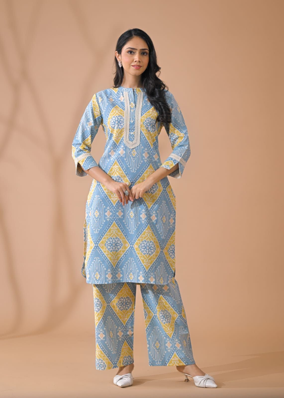 Blue cotton ikkat printed co-ord set