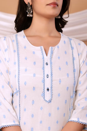 White Self design Cotton Kurta set with Blue Dupatta