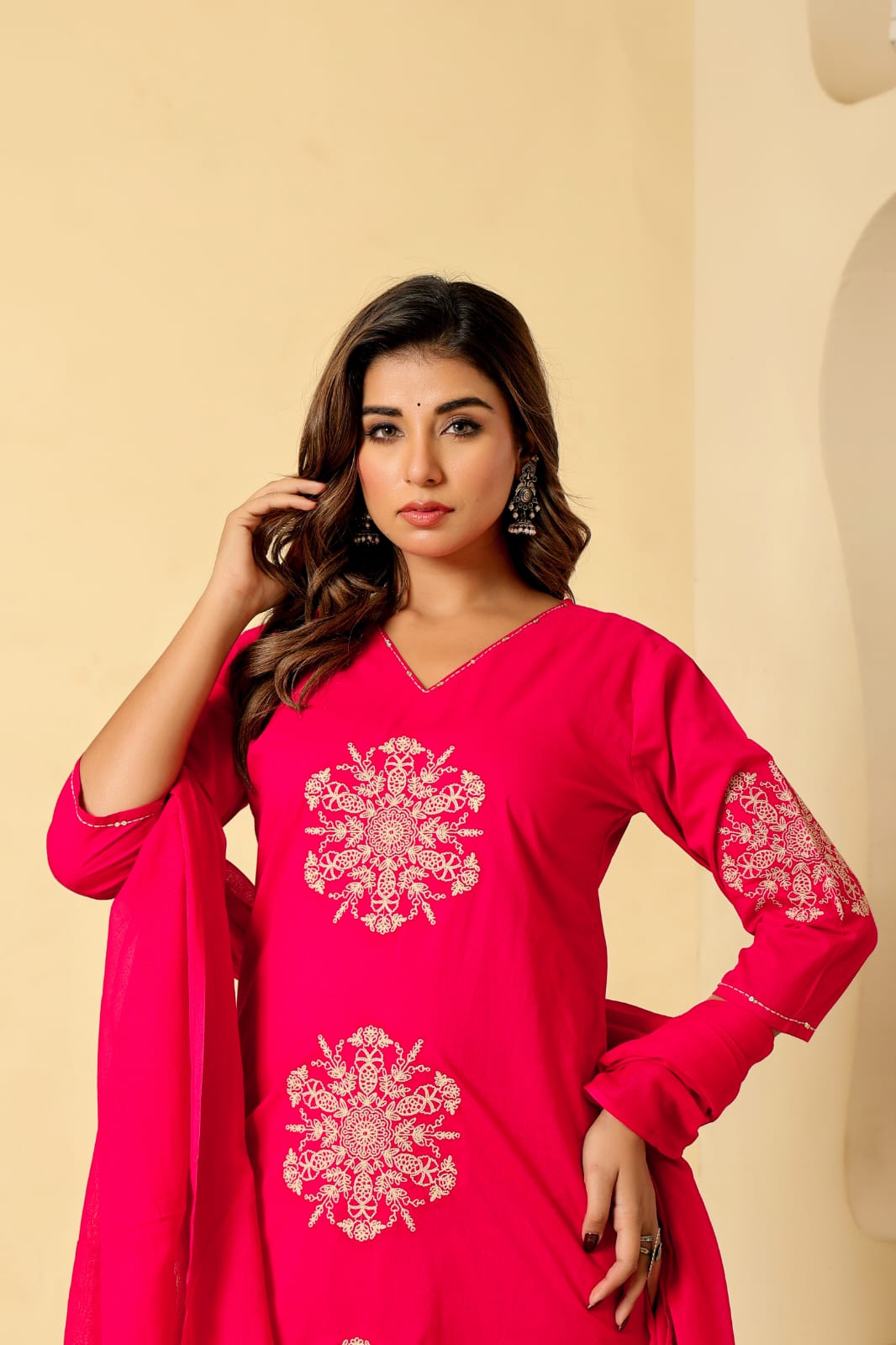 A-line Pink Embroidered Cotton Kurta Set with Dupatta
