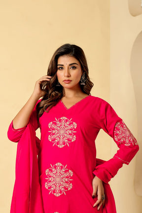 A-line Pink Embroidered Cotton Kurta Set with Dupatta
