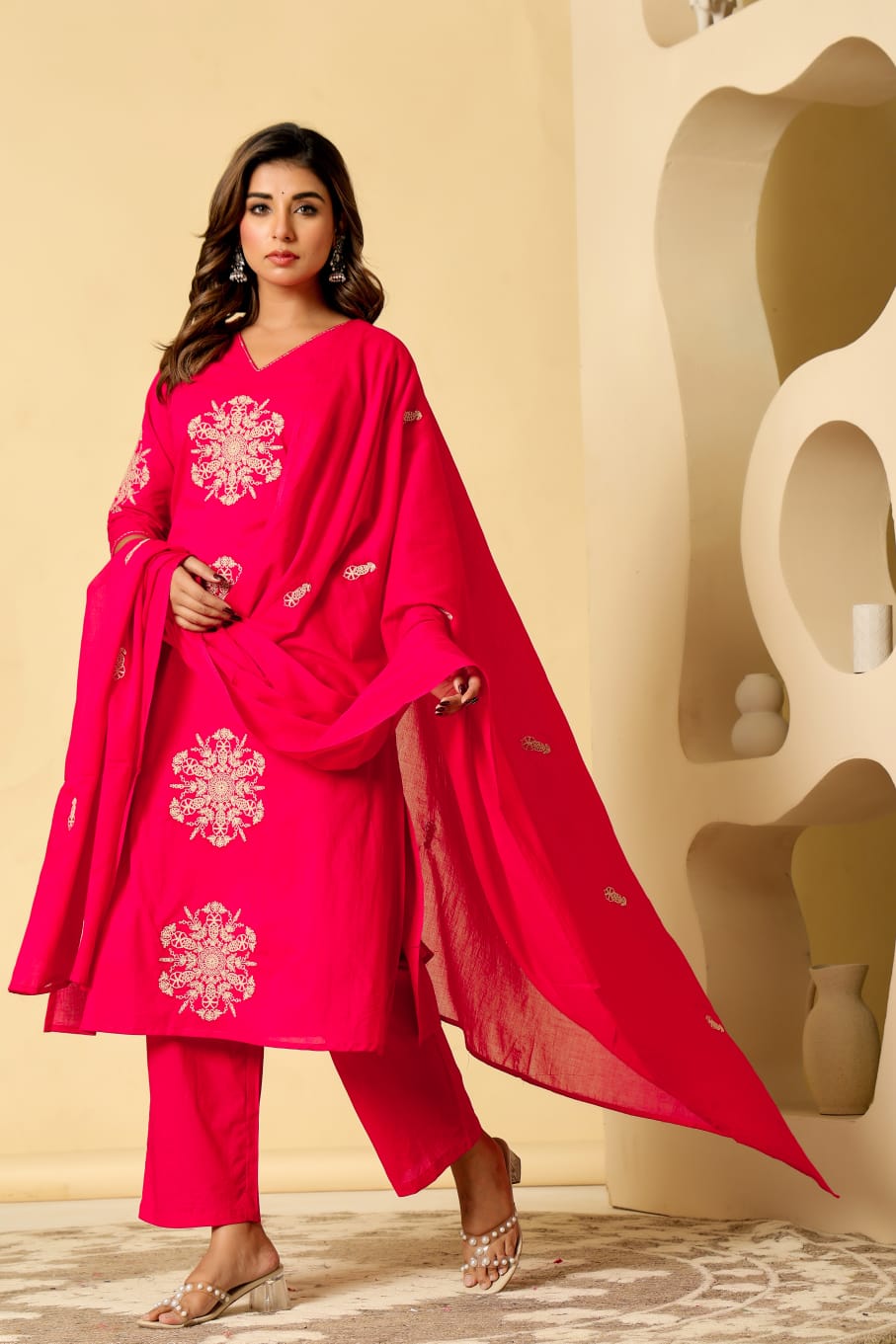 A-line Pink Embroidered Cotton Kurta Set with Dupatta