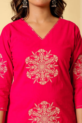 A-line Pink Embroidered Cotton Kurta Set with Dupatta
