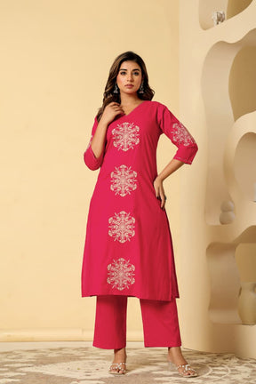 A-line Pink Embroidered Cotton Kurta Set with Dupatta