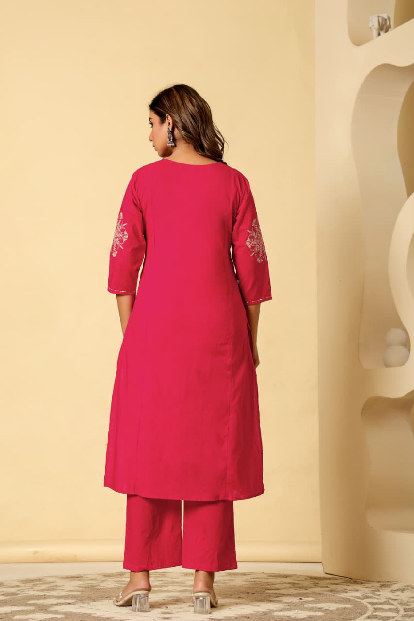 A-line Pink Embroidered Cotton Kurta Set with Dupatta