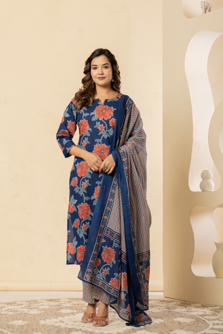 Floral Printed Cotton Blue Kurta Set with Dupatta