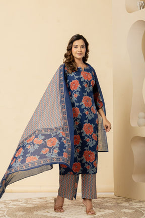 Floral Printed Cotton Blue Kurta Set with Dupatta