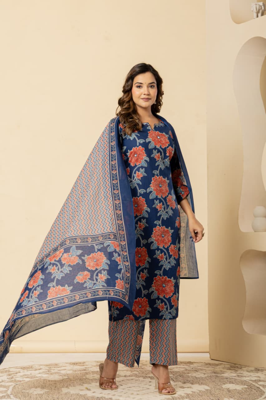Floral Printed Cotton Blue Kurta Set with Dupatta