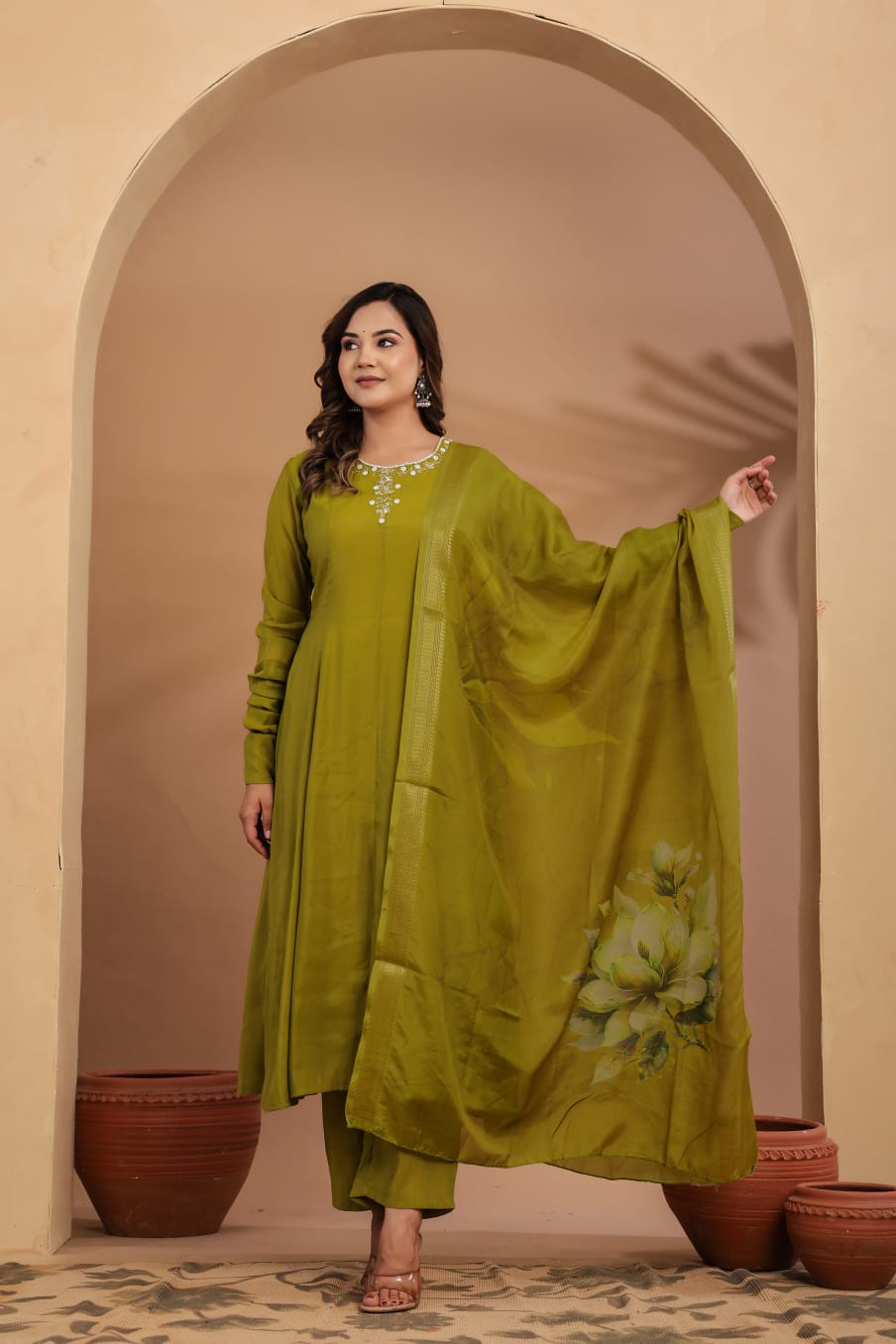 Green Mul chanderi Flare Kurta with Printed Dupatta