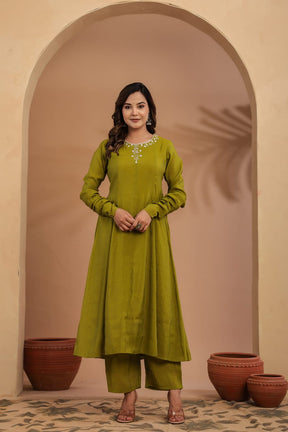 Green Mul chanderi Flare Kurta with Printed Dupatta