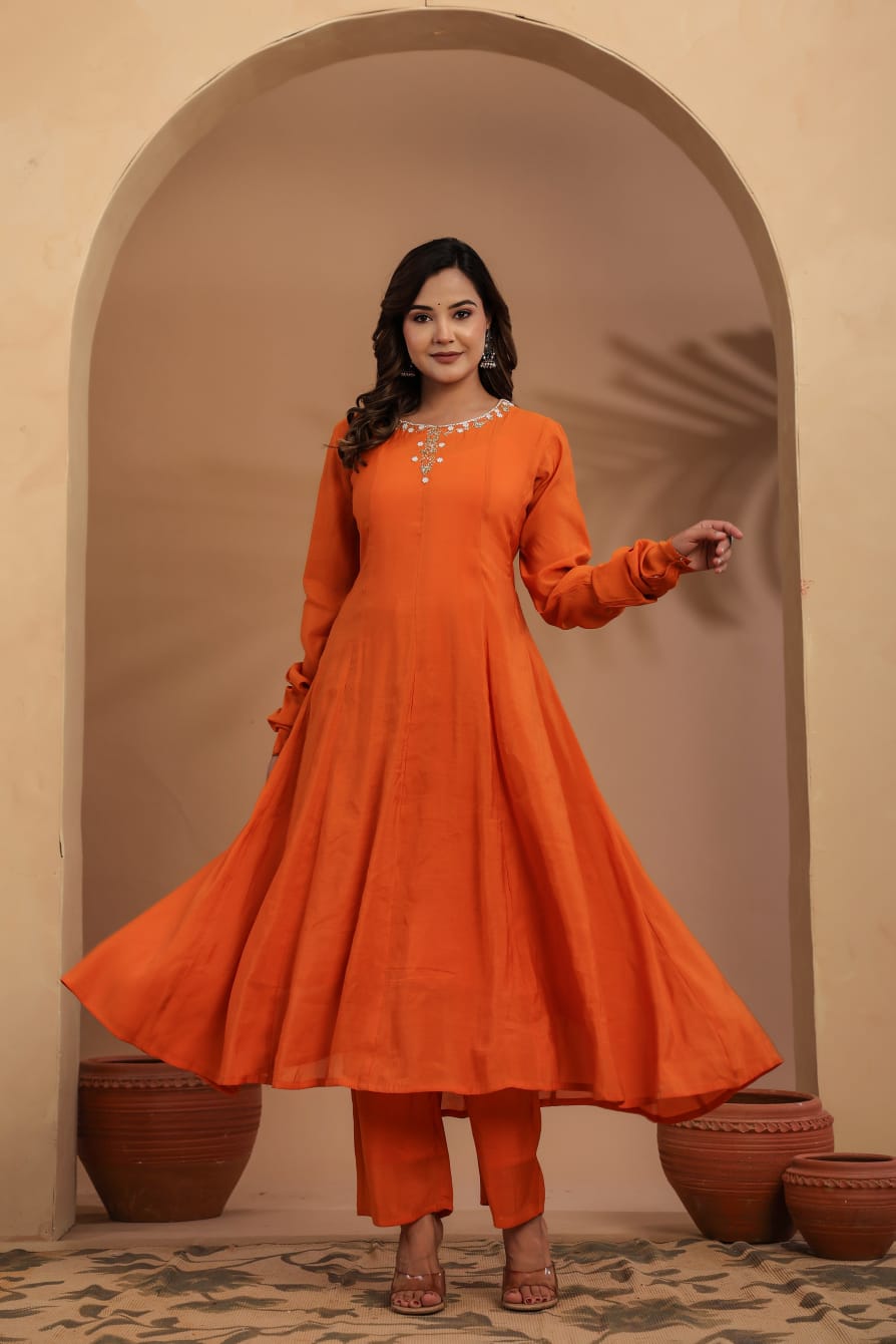 Orange Mul chanderi Flare Kurta with Printed Dupatta