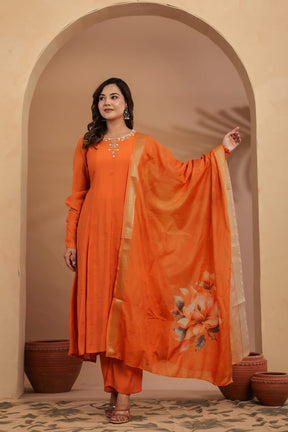 Orange Mul chanderi Flare Kurta with Printed Dupatta