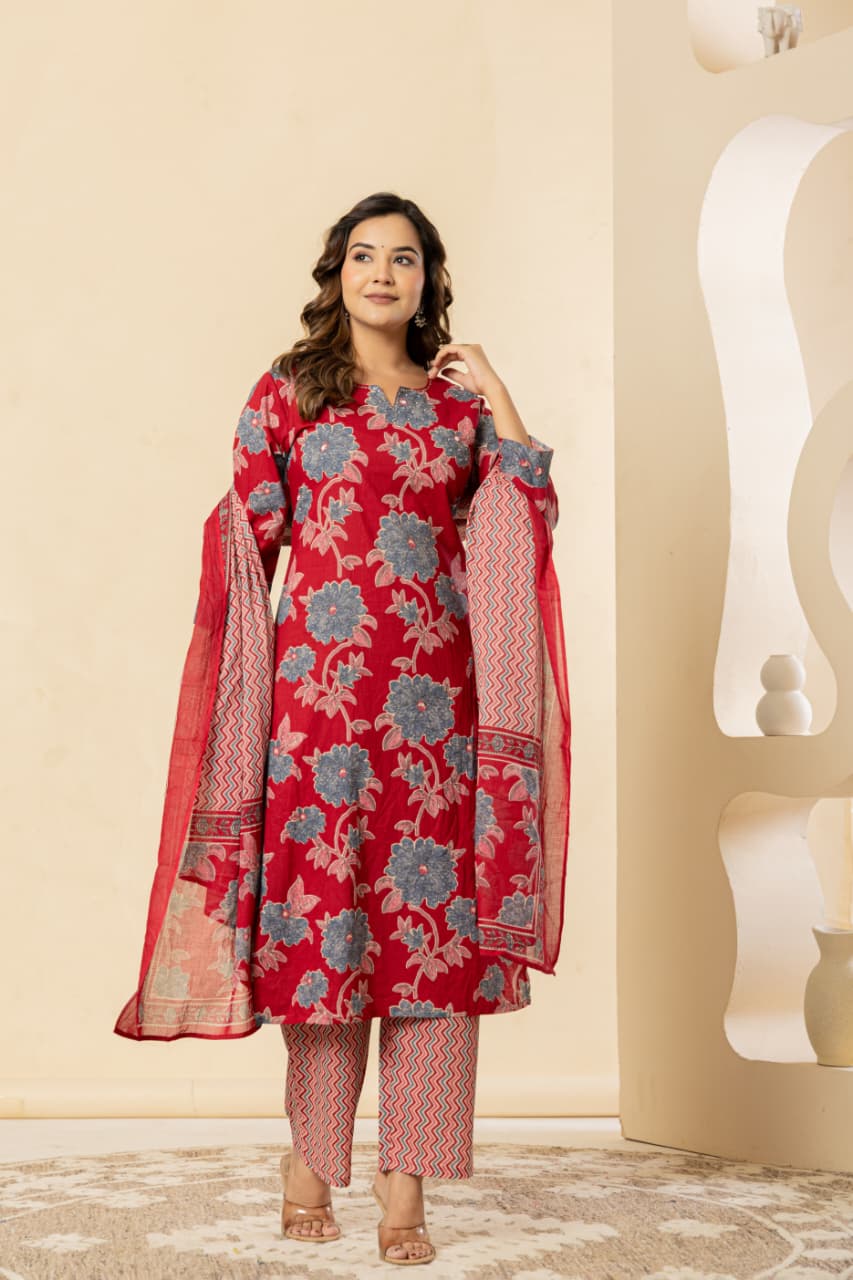Floral Printed Cotton Red Kurta Set with Dupatta