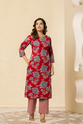 Floral Printed Cotton Red Kurta Set with Dupatta