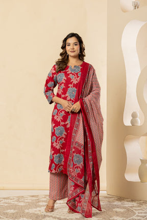 Floral Printed Cotton Red Kurta Set with Dupatta