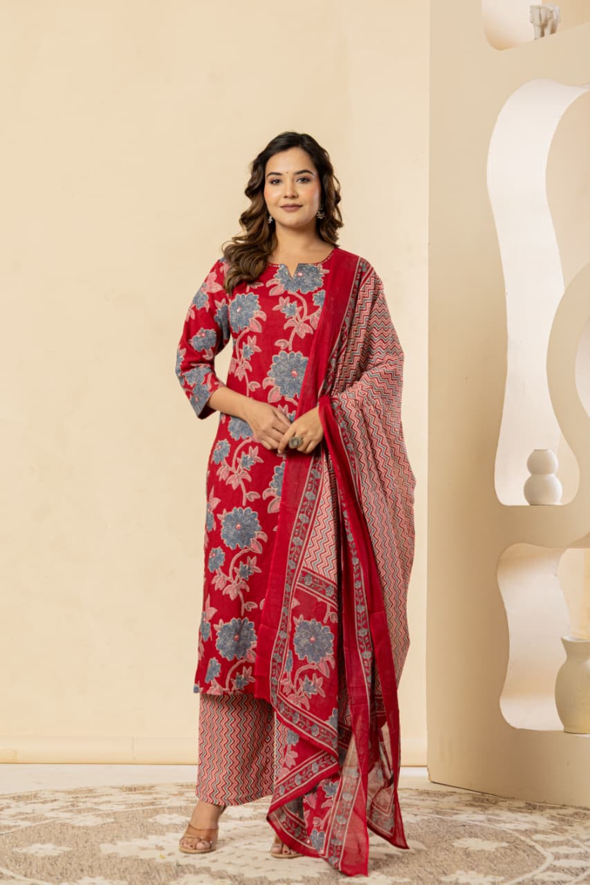 Floral Printed Cotton Red Kurta Set with Dupatta