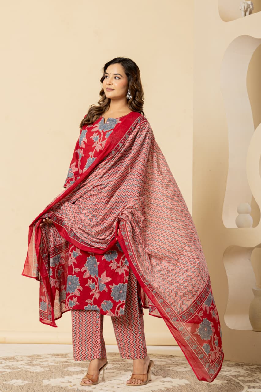Floral Printed Cotton Red Kurta Set with Dupatta