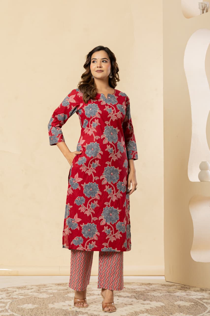 Floral Printed Cotton Red Kurta Set with Dupatta