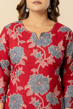 Floral Printed Cotton Red Kurta Set with Dupatta