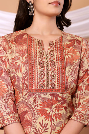 Rust Floral Printed Cotton Kurta Set with Printed Dupatta