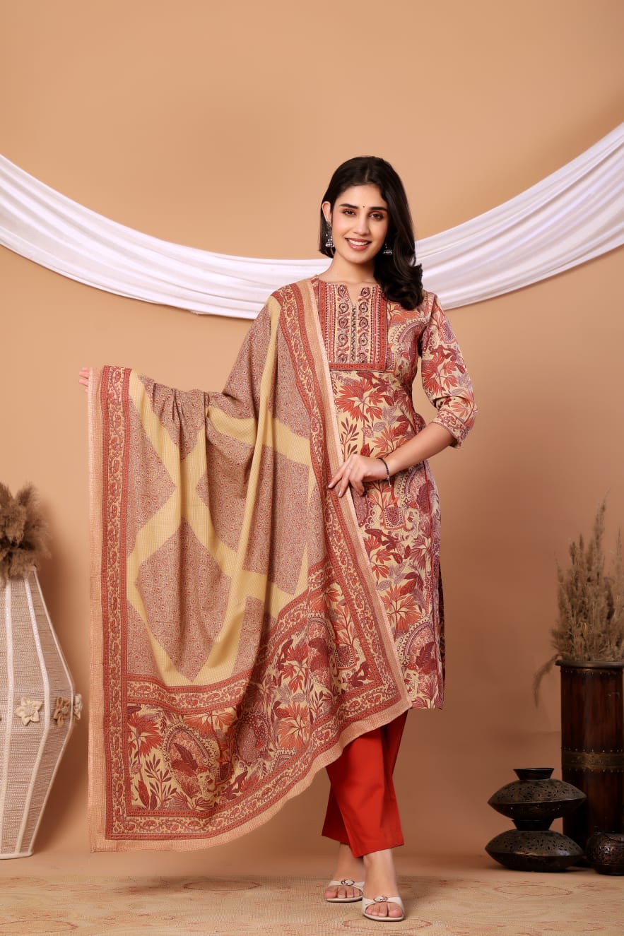 Rust Floral Printed Cotton Kurta Set with Printed Dupatta
