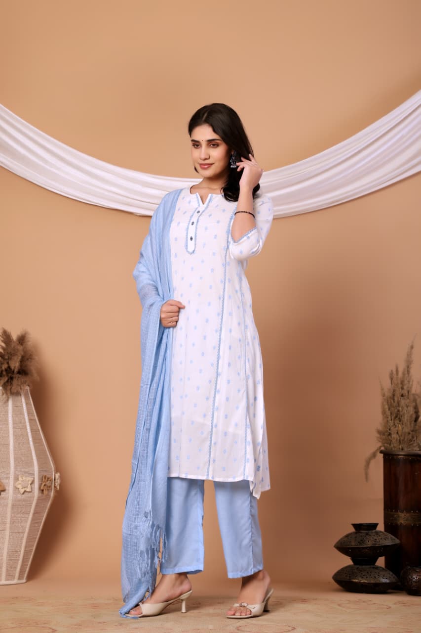 White Self design Cotton Kurta set with Blue Dupatta