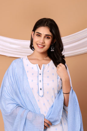 White Self design Cotton Kurta set with Blue Dupatta