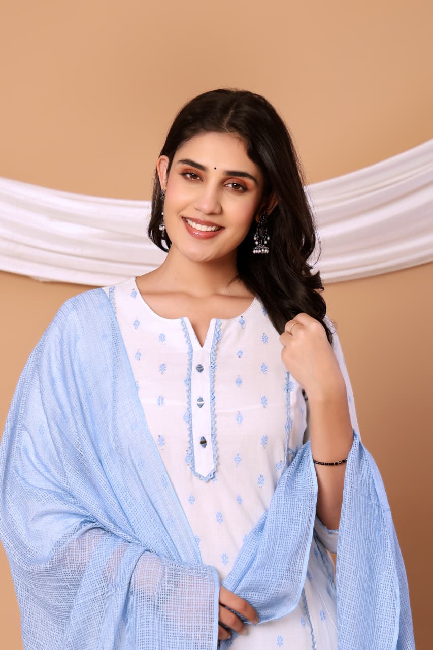White Self design Cotton Kurta set with Blue Dupatta