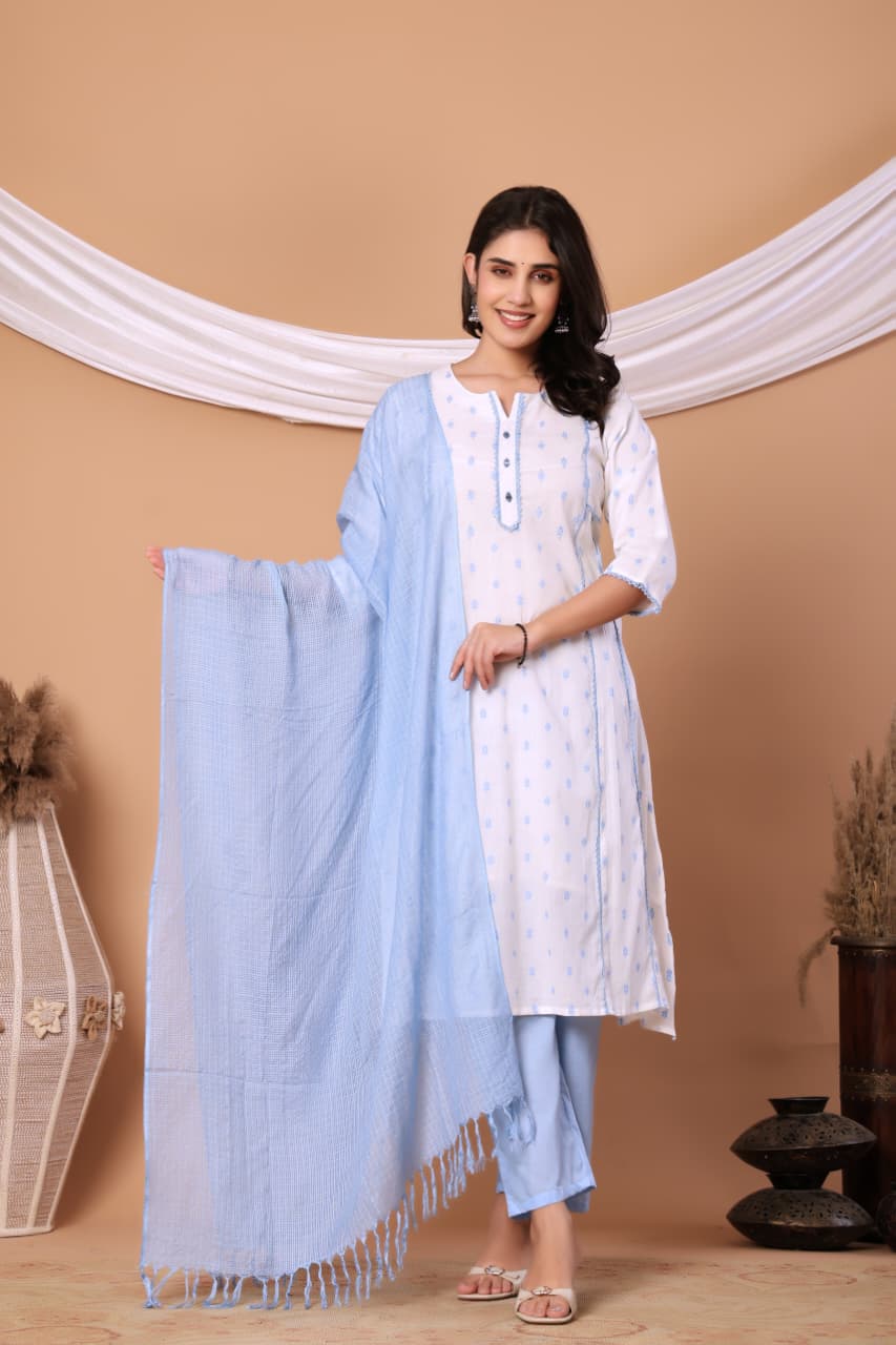 White Self design Cotton Kurta set with Blue Dupatta