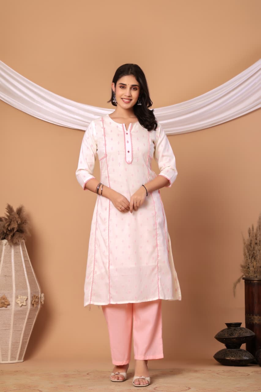 White Self design Cotton Kurta set with Peach Dupatta