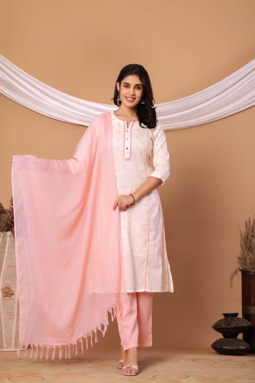 White Self design Cotton Kurta set with Peach Dupatta