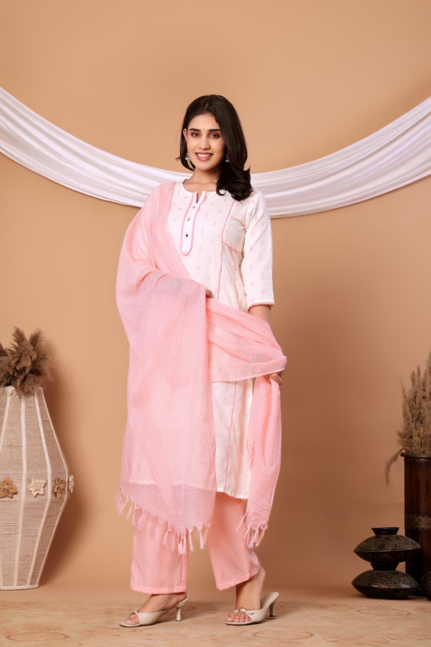 White Self design Cotton Kurta set with Peach Dupatta